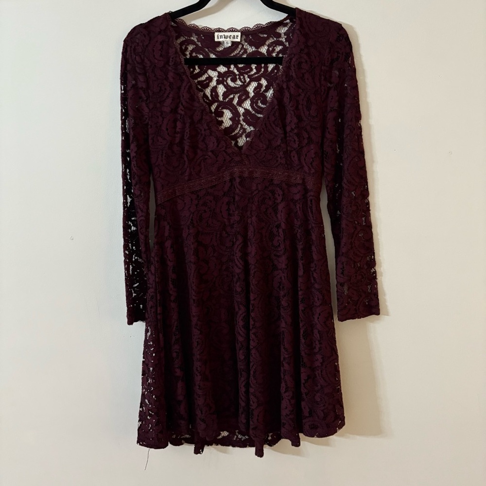 Inwear Burgundy Long Sleeve Lace V-Neck lined Baby Doll Romantic Dress- Size S